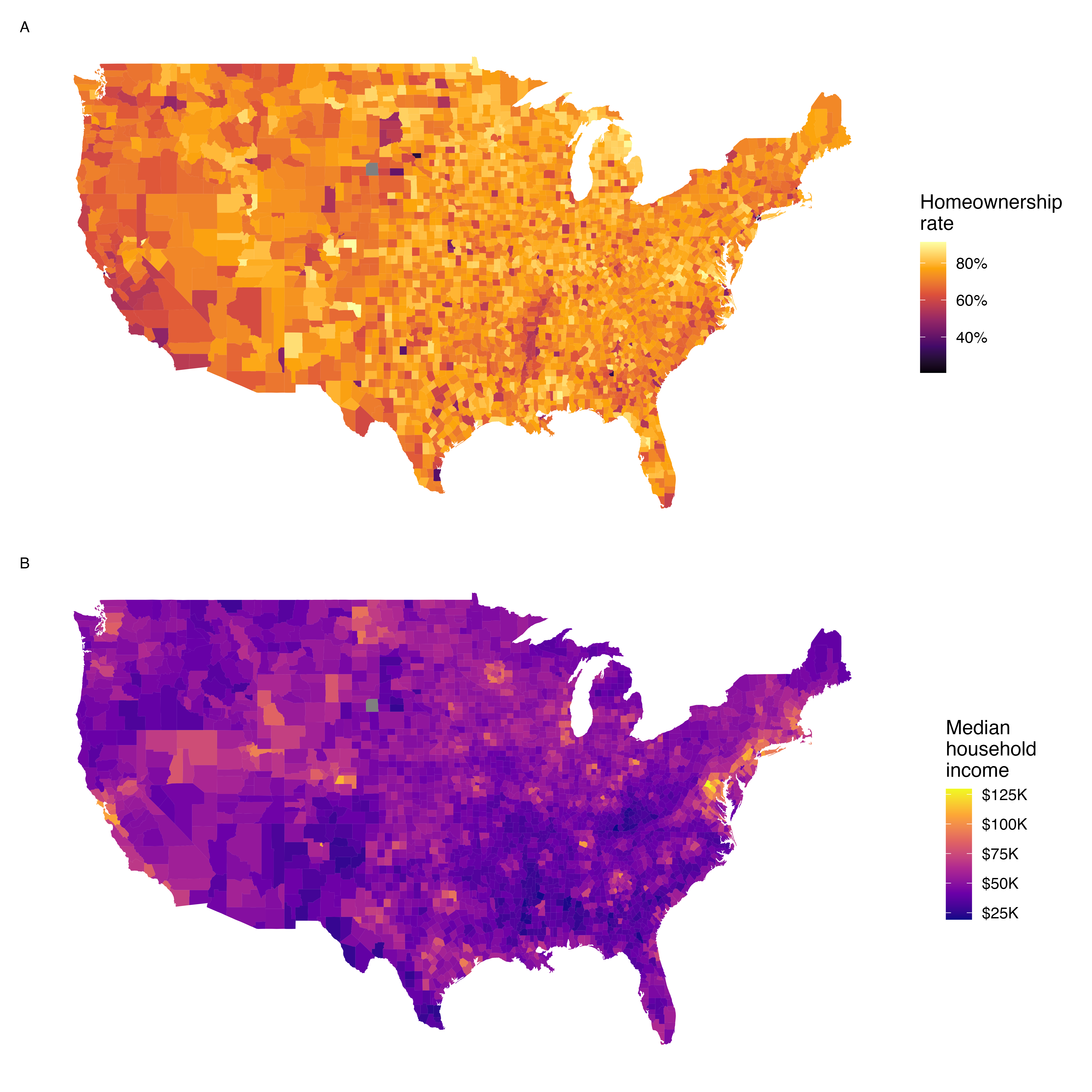 Two intensity map (also called heatmaps) of the United States. Each county is colored by the value of a variables.  In the top plot, the county is colored by home ownership ratee which is lowest on the west coast. In the bottom plot, the county is colored by median household income which is highest in the Bay Area and along the New England coast.