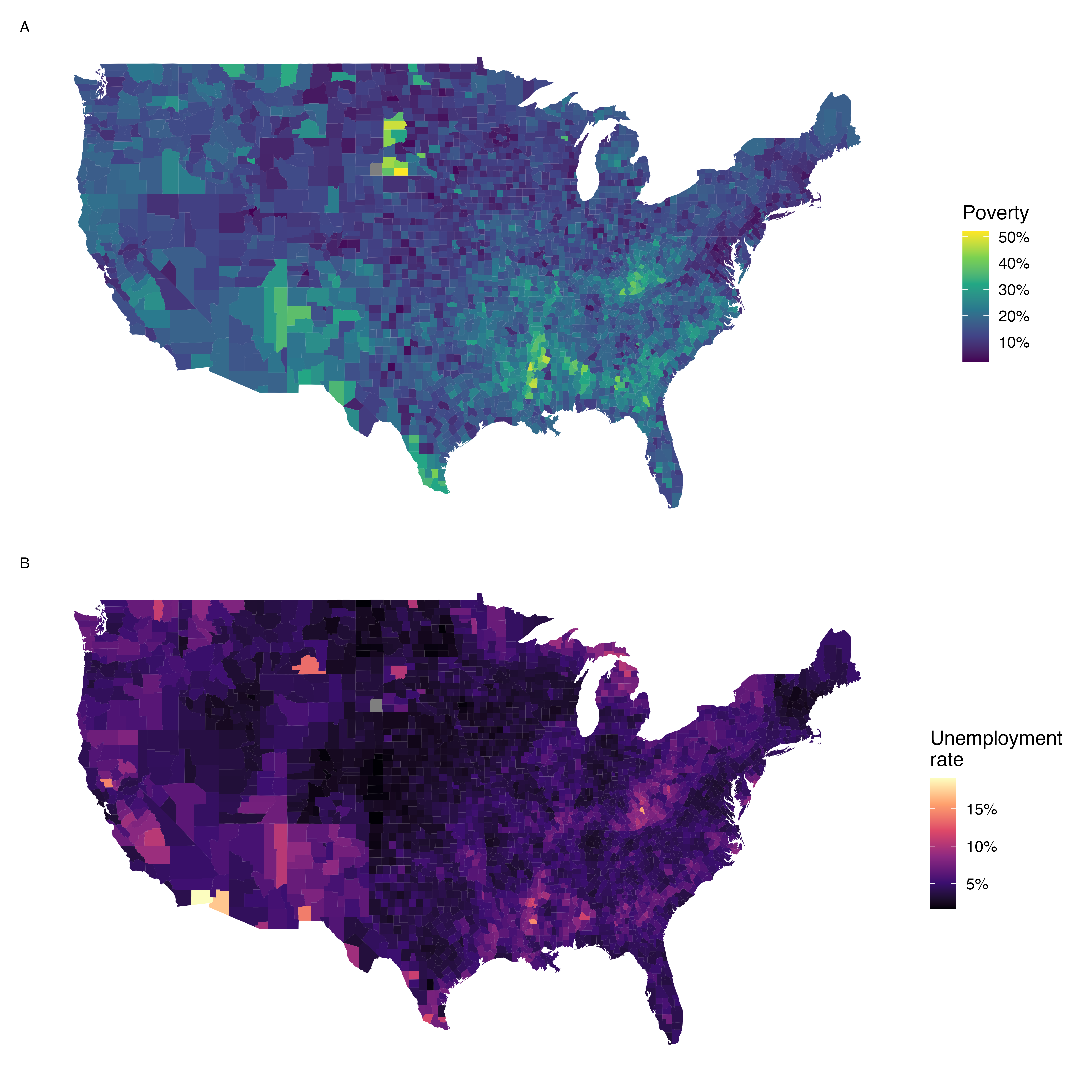 Two intensity map (also called heatmaps) of the United States. Each county is colored by the value of a variables.  In the top plot, the county is colored by the poverty rate which is higher in the south and parts of the midwest.  In the bottom plot, the county is colored by the unemployment rate which seems higher in the southwest and parts of the post-industrial Midwest.