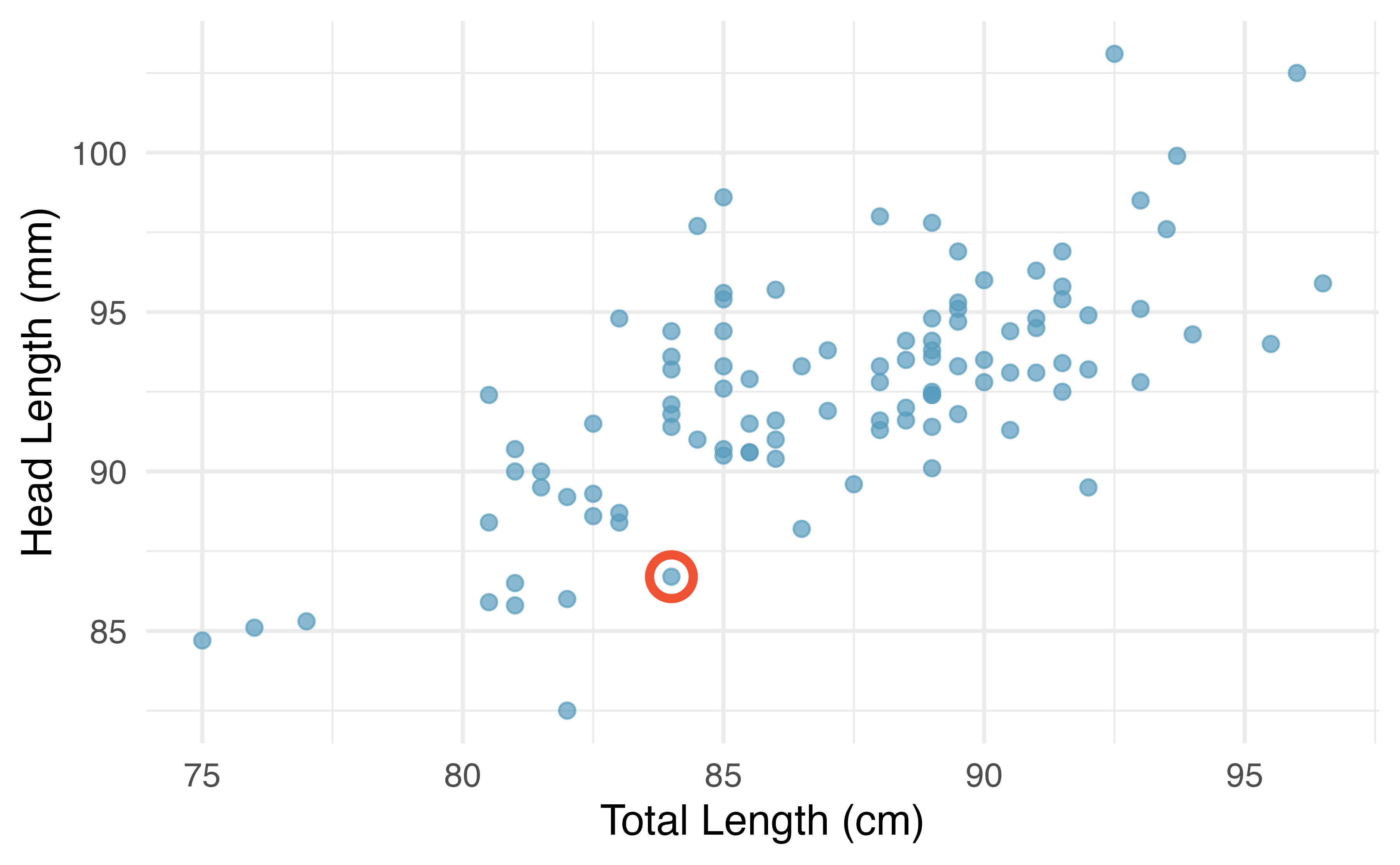 A scatterplot with total length on the x-axis and head length on the y-axis.  The variables show a moderately strong positive linear relationship. A single observation is circled in red with coordinates of approximately 84cm of total length and 87mm of head length.