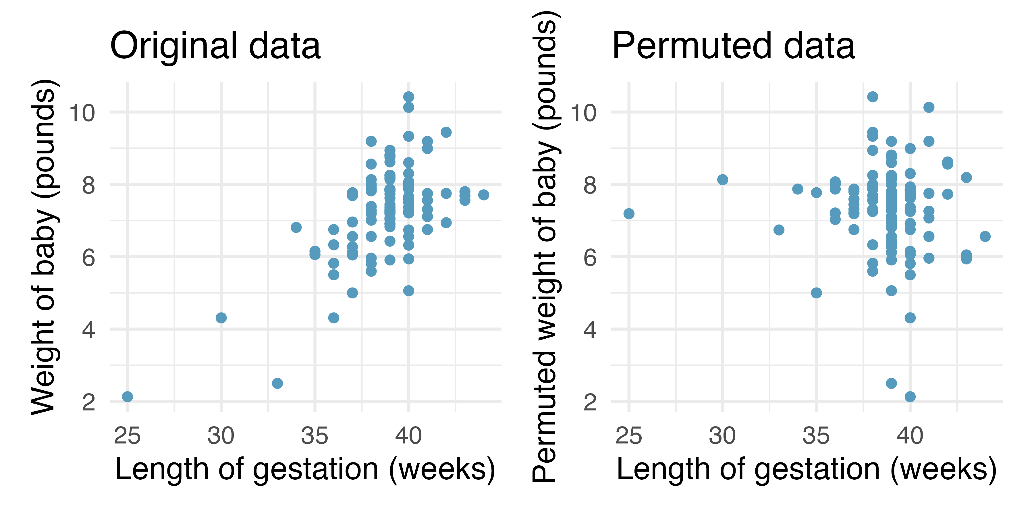 Two scatterplots, both with length of gestation on the x-axis and weight of baby on the y-axis.  The left panel is the original data.  The right panel is data where the weight of the baby has been permuted across the observations.